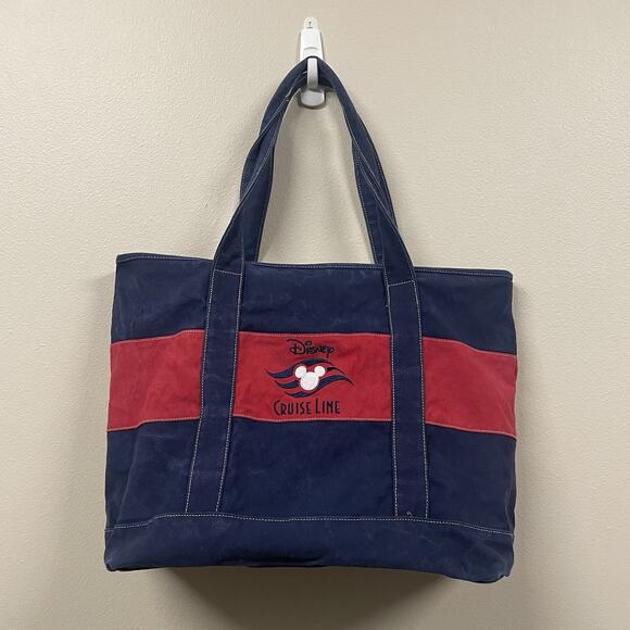 Disney Cruise Line Red Blue Canvas Tote Bag w/Zipper Closure Pockets 21 x 14" - Picture 1 of 13